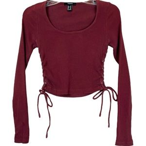 Forever 21 Long Sleeve Crop Top Burgundy Maroon Ribbed Crewneck Lace Up Medium